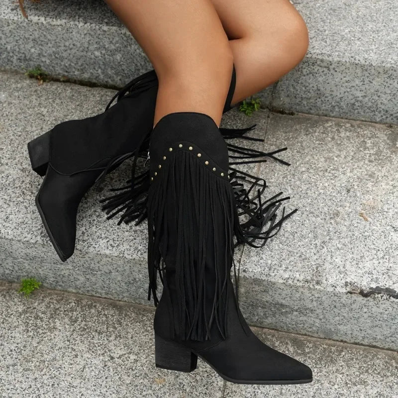 Shoes Female Rand Knee-High Women's Boots Pointed Toe Modern Boots Women Rivet Fringe Back Zip Med Heel Plus Size Shoes Women