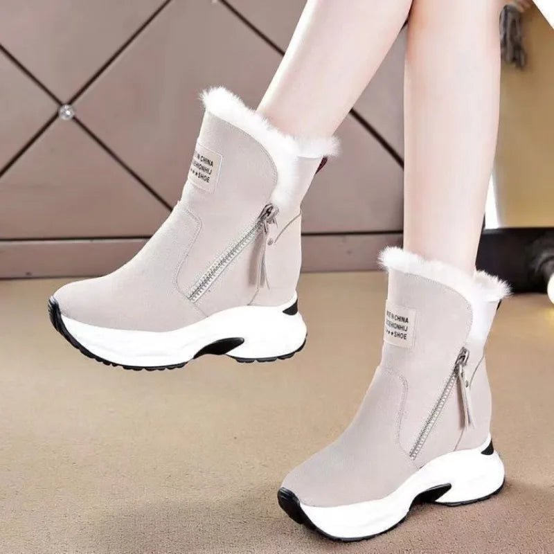 Wedge Shoes Leather Snow Boots Woman Winter Boots Warm Women's Shoes Mid-Calf Ladies Platform Booties