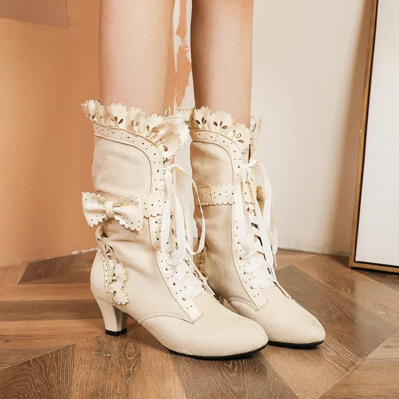 Autumn Winter Vintage Women Victorian Boots Lace Up High Heel Bootie Ruffle Trim Lolita Princess Cosplay Tea Party Costume Shoes