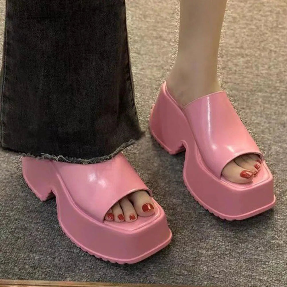 Punk Chunky Heels Mule Shoes Sandals For Women Rivet Platform Slide Sandals Open Toe 2024 Summer Trendy Shoes Street Women Shoes