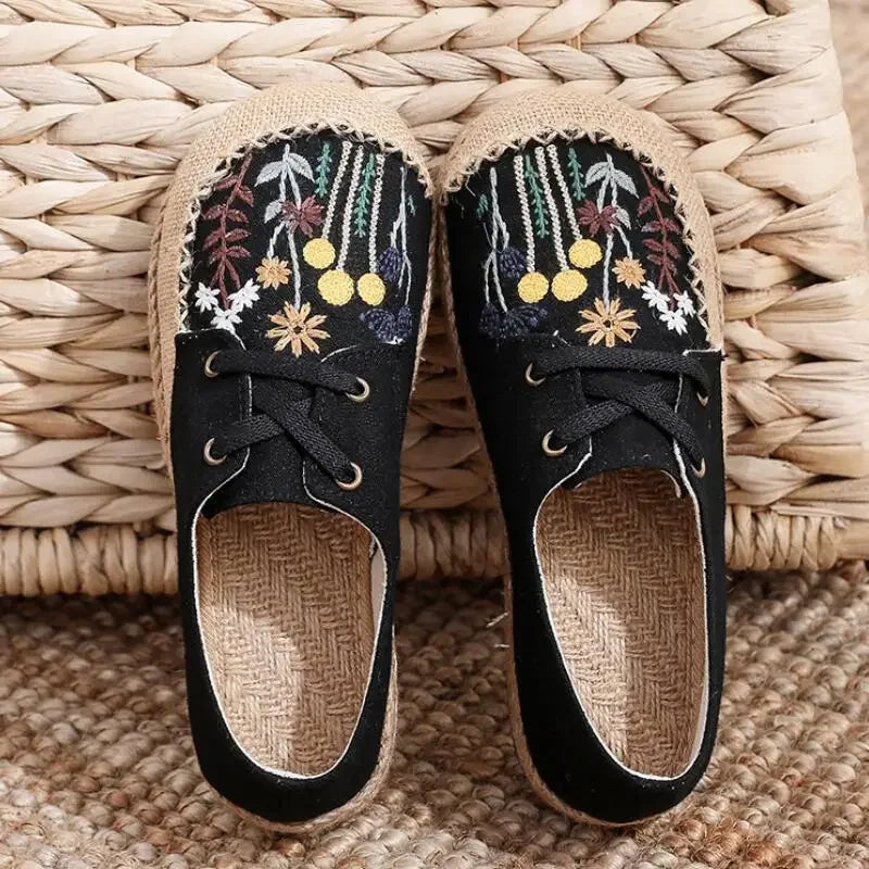 Flower Embroidered Women Handmade Linen Cotton Slip On Espadrilles Loafers Comfortable Sneakers Casual Walking Shoes 2024