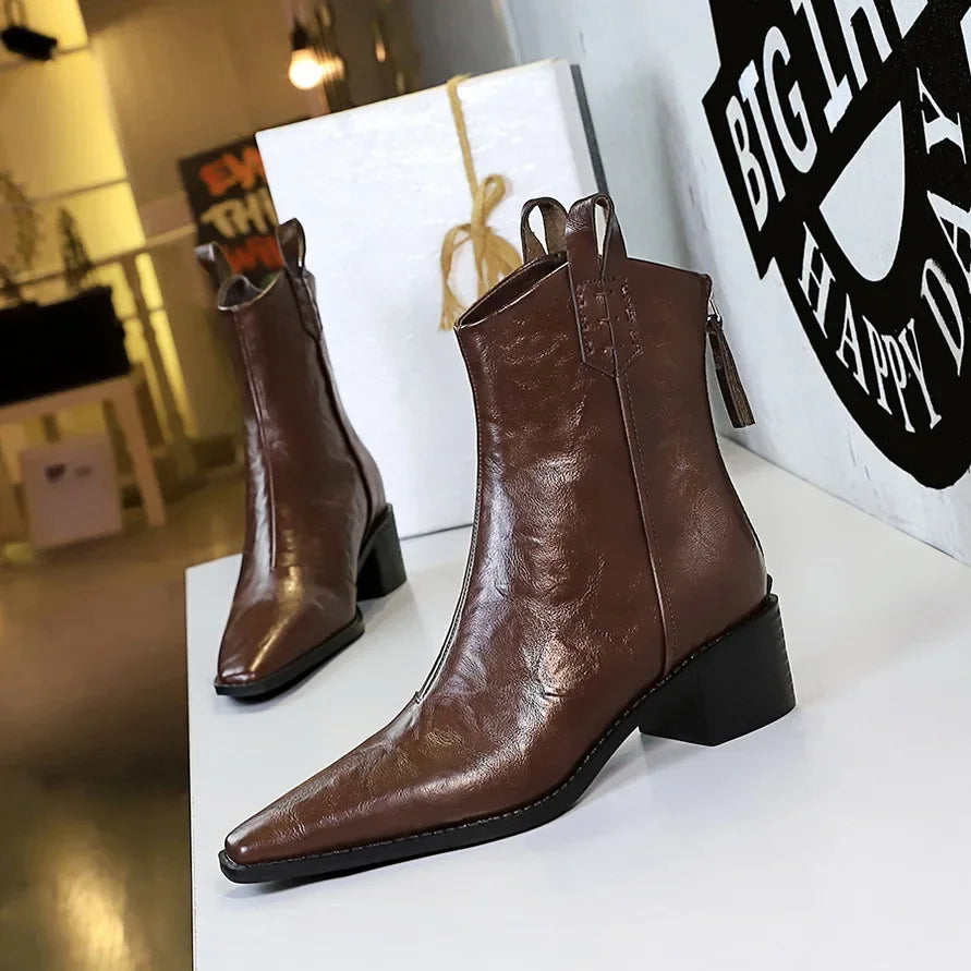 2024 Autumn/winter Women Boots Genuine Leather Western Boot Women Shoes Pointed Toe Chunky Heel Chelsea Boots Retro Ankle Boots