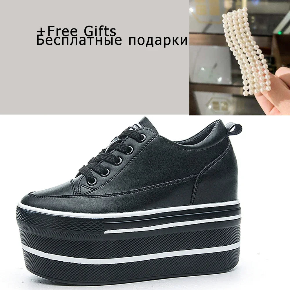 Fujin 10.5cm High Thick Heel Platform Flats Women Casual Shoes Genuine Leather Soft Quality Casual Shoe Sneakers White Black