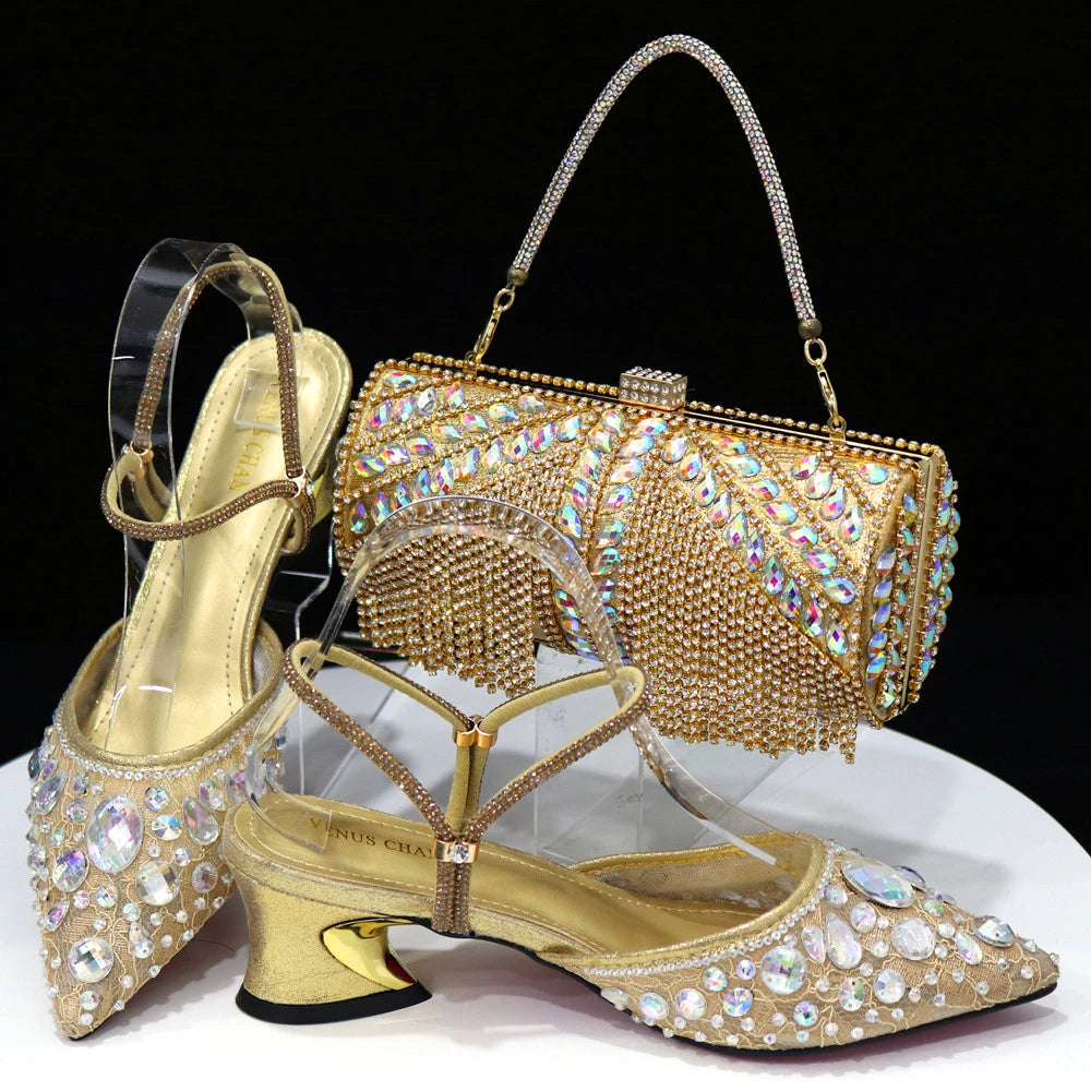 Fashion Gold Color Slippers Nigerian Party Italian Design Ladies Shoes and Bag Set Decorated With Rhinestone and Metal