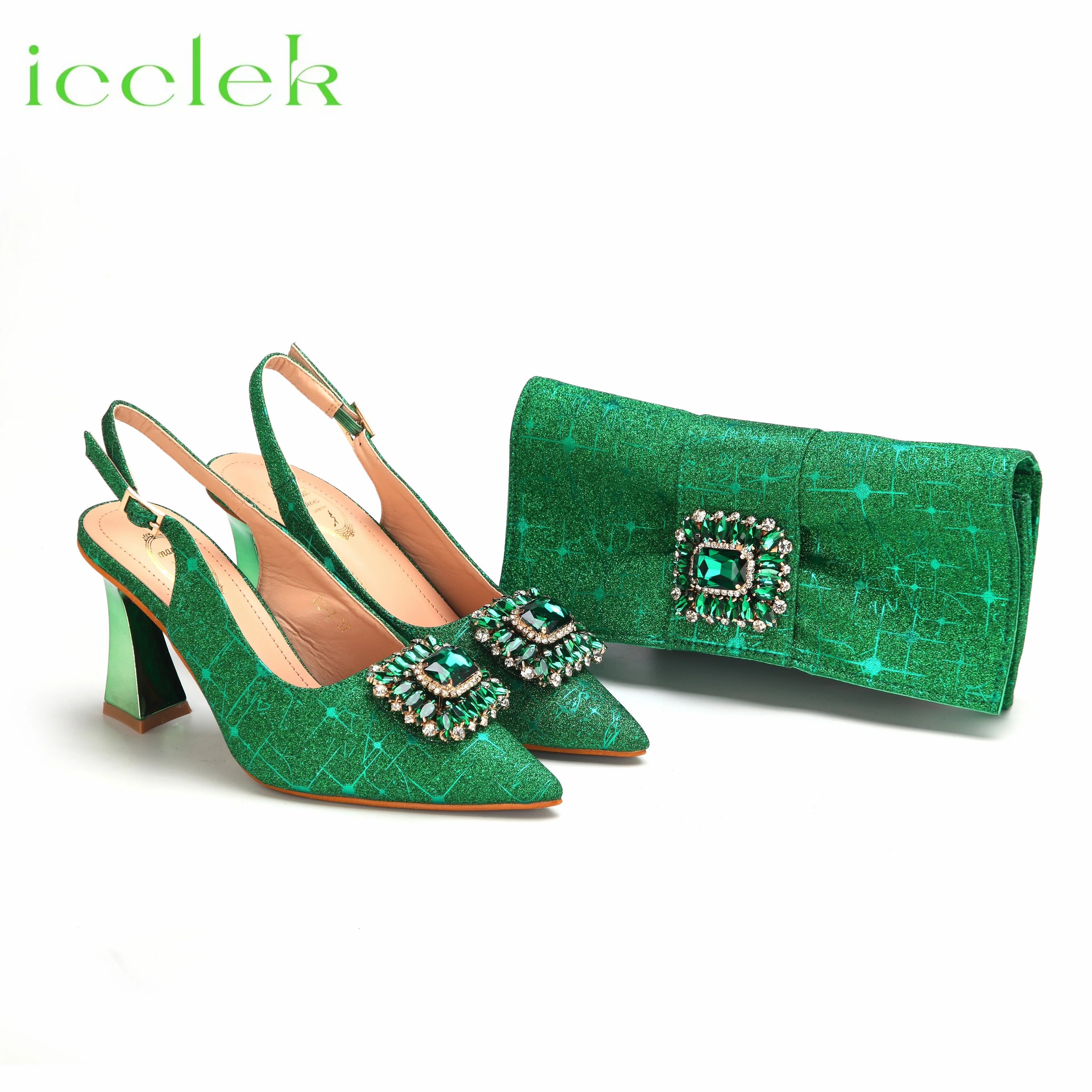 Women High Heels Sandals Shinning Material with Rhinestone Italian Design T.Blue Color Pointed Toe Shoes and Bags Set