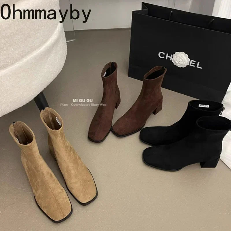 Autumn Winter Fleeces Women Sock Ankle Boots Fashion Square Heel Ladies Elegant Keep Warm Short Booties Women's Footwear