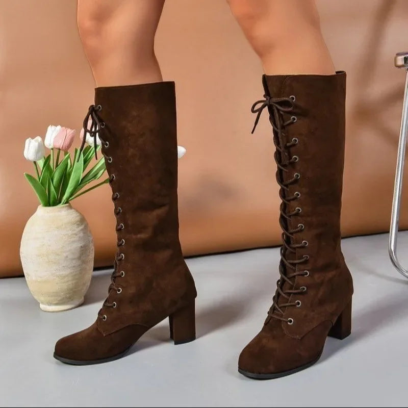Fashion Woman Boots Women Lace-up Chelsea Boats Winter Short Knee-high Booties Round Toe Thick Heels Botine Mujer Black Shoes 43