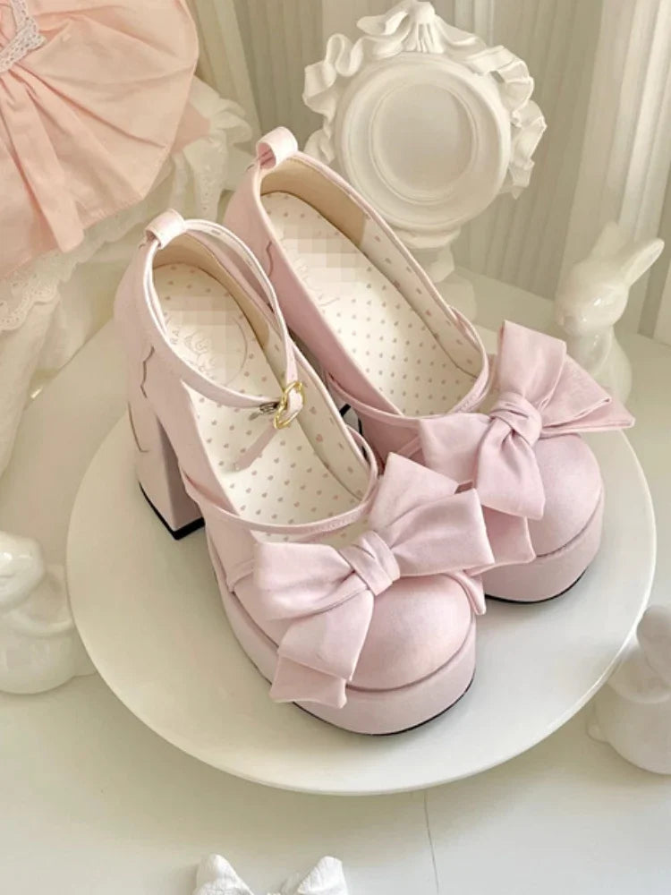 Pink Sweet Lolita Mary Janes Shoes Women Japanese Princess Kawaii High Heels Shoes Female Bow French Vintage Platform Shoes 2024