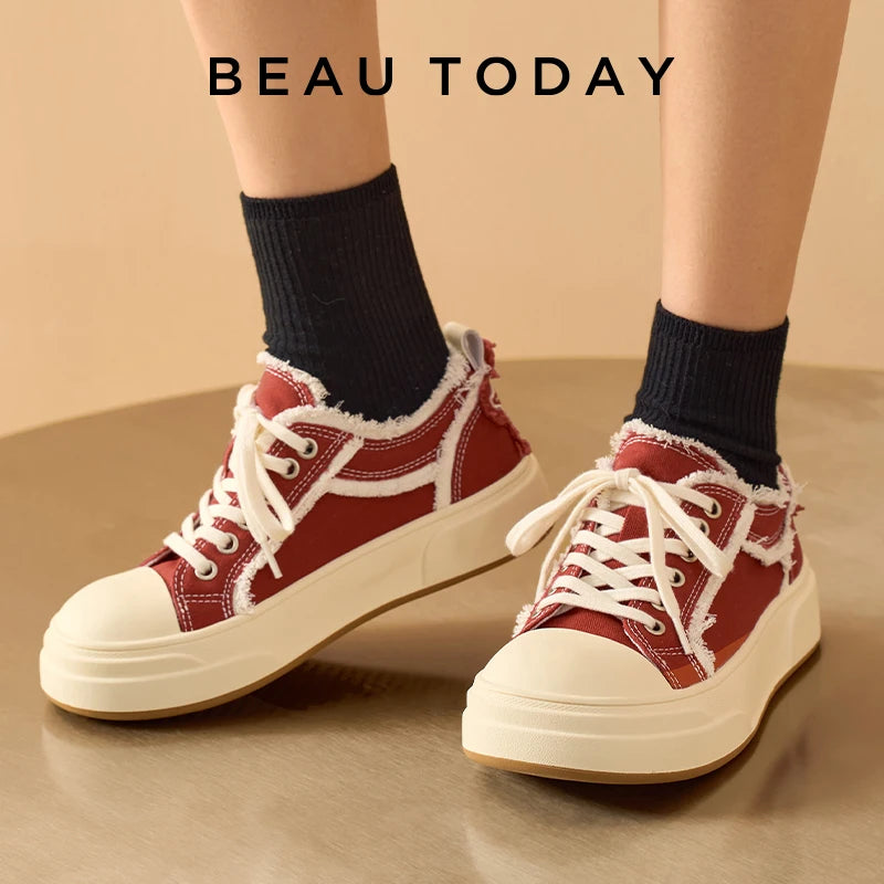 BEAUTODAY Baskets décontractées en toile pour femmes, couleur unie, style vintage, à lacets, à bords bruts, pour l'extérieur, faites à la main, 29250