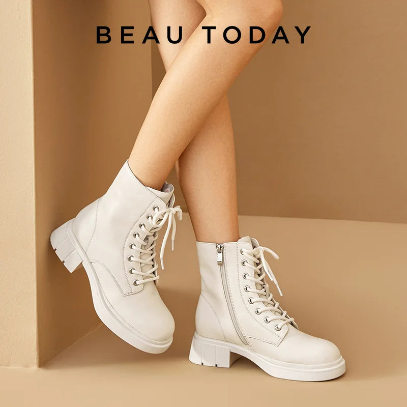 BeauToday Ankle Boots Women Platform Leather Round Toe Side Zipper Lace-Up Ladies Non-slip Thoes Handmade 04492