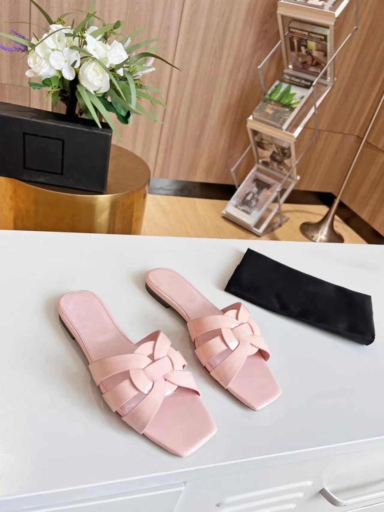 Summer Women's Slippers Genuine Leather Square Toe Open Toe Flat Bottom Fashion Party Shoes Plus Size 34-44 Outdoor Beach Shoes