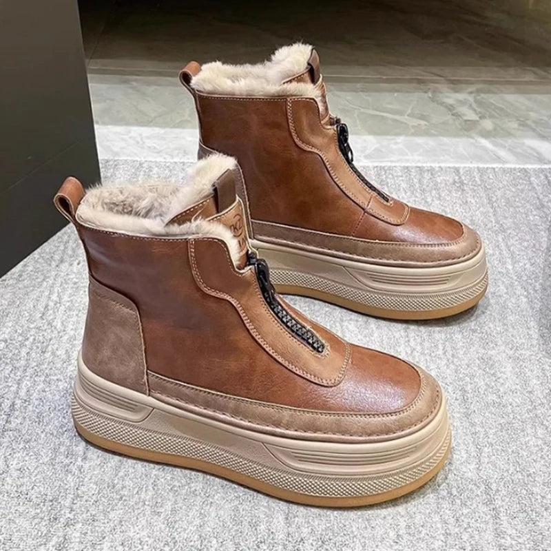 Platform Women Fur Snow Ankle Boots Flats Leather Short Plush Cotton Shoes Trend Fashion Sneakers Warm New Cozy Mujer Goth Botas