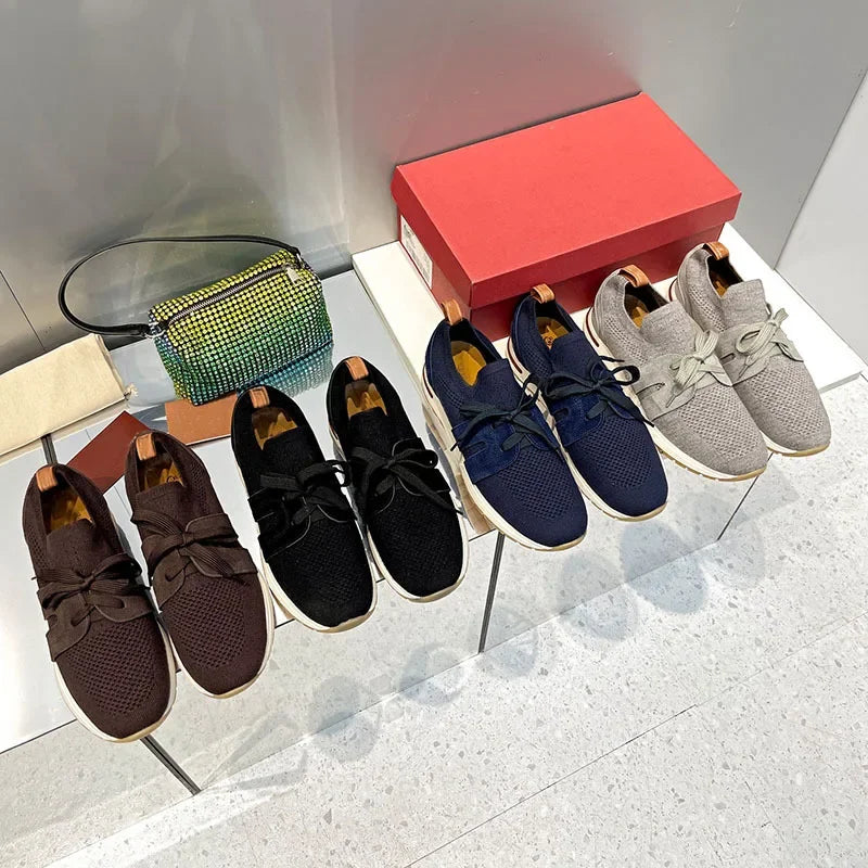 Loro*p23 Summer New Wool Sports Shoes Lace-up Knitted Breathable Casual Thick Bottom Couple Style Flats