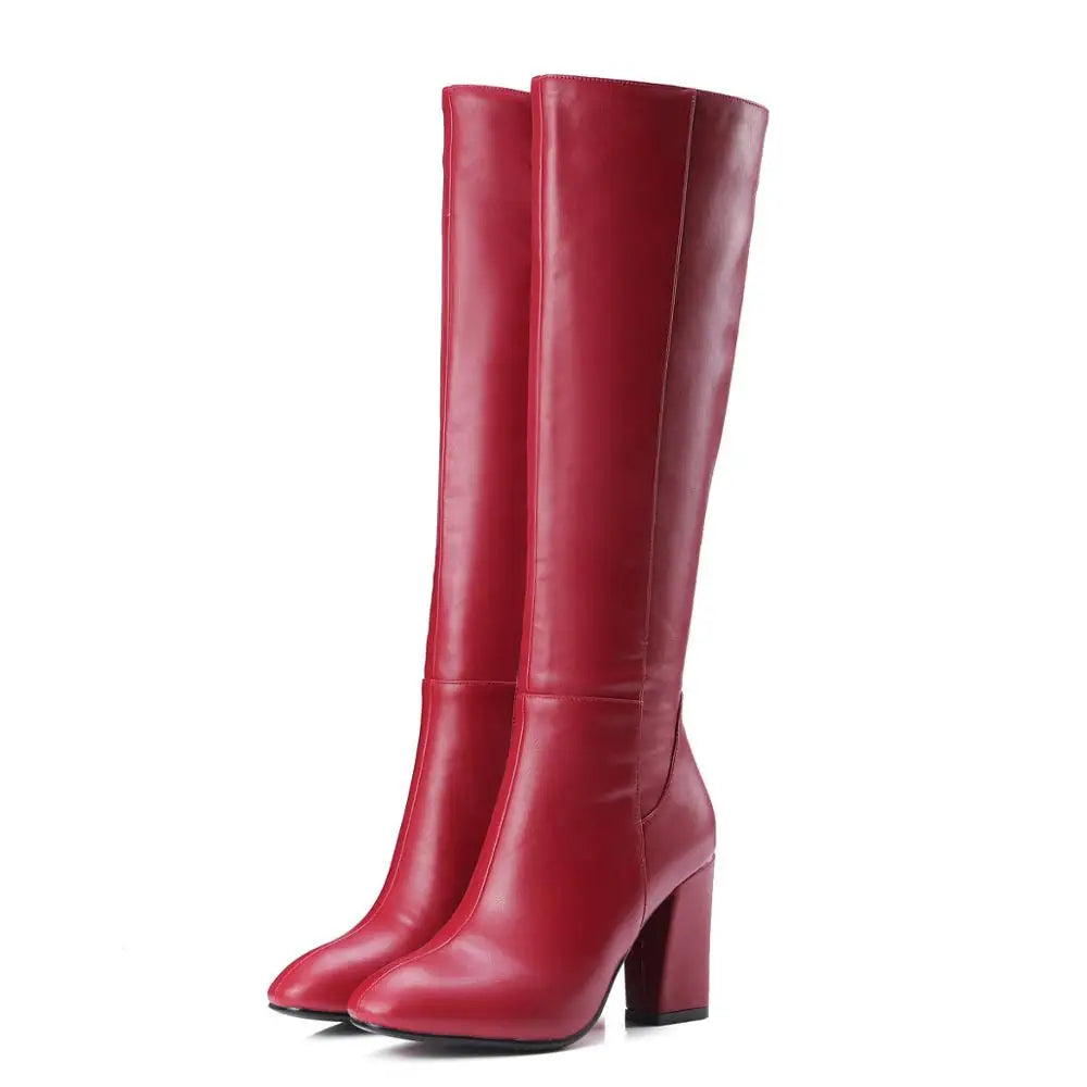 Fashion Red Winter Women's Knee High Boots PU Leather Block High Heels Tall Long Boot Female Zipper Ladies Shoes Black Elegant