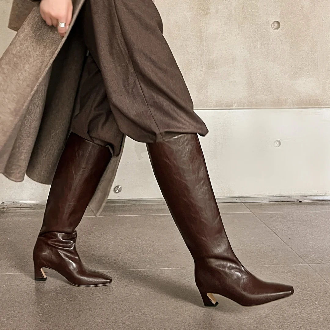 Women's genuine leather 5.5cm thin high heel square toe slip-on autumn knee high knight boots elegant ladies long boots shoes