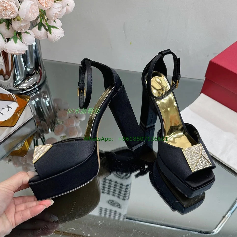 New Square Toe Satin Rivets Chunky Heel Sandals Thick Bottom Peep Toe Patent Leather High Heels For Women