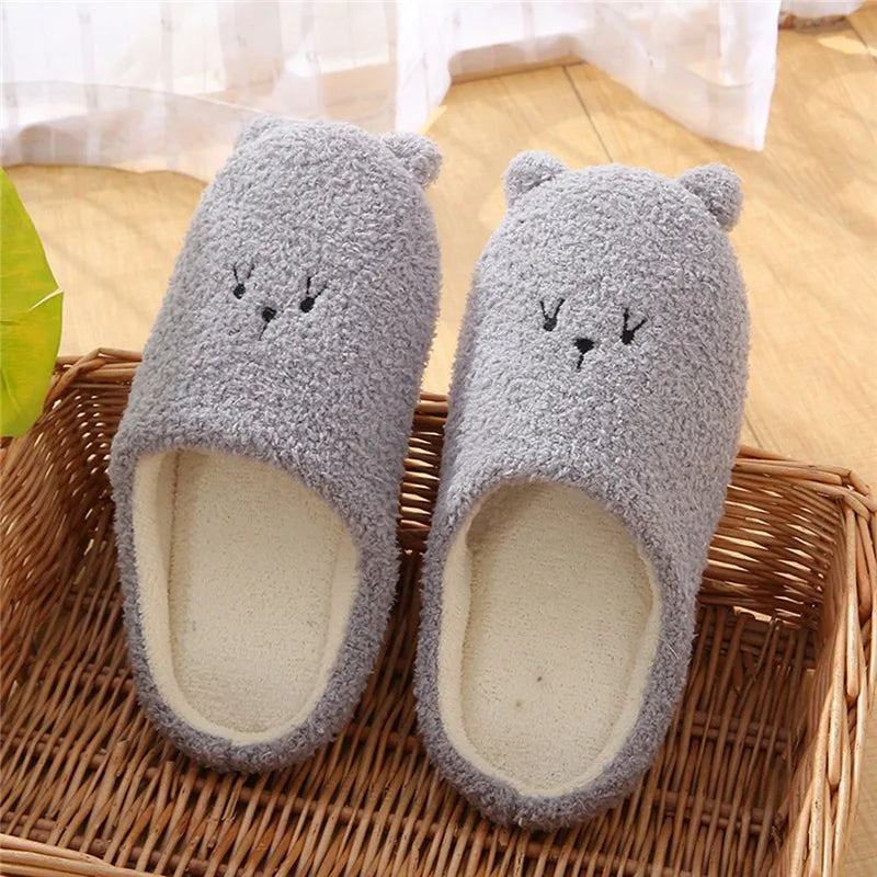 Cute Cartoon Cat Slippers Fluffy Home Thick Platform Slippers Women Men Winter Warm Plush Slides Indoor Lovely Cotton Shoes