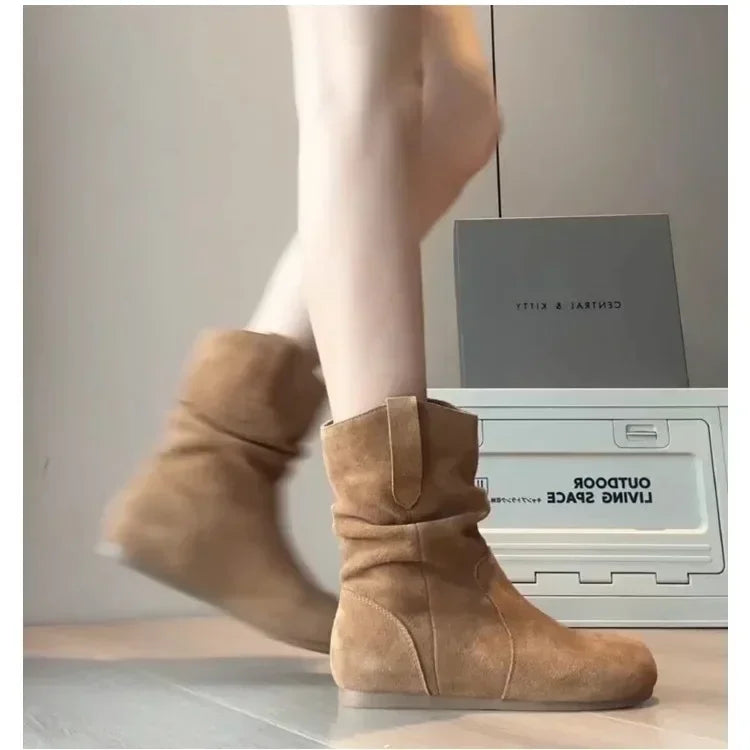 Woman Shoes Ankle Boots Winter Elegant Comfortable Leather Retro Designer Short Barrel Flat Casual New Barefoot Booties on Sale