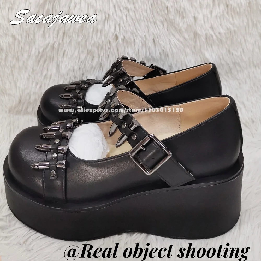 First Layer Cowhide Metal Decoration Belt Buckle Strap Pumps Mary Jane Chunky Heel Ankle Boots Solid Punk Style Cool Girl Pumps