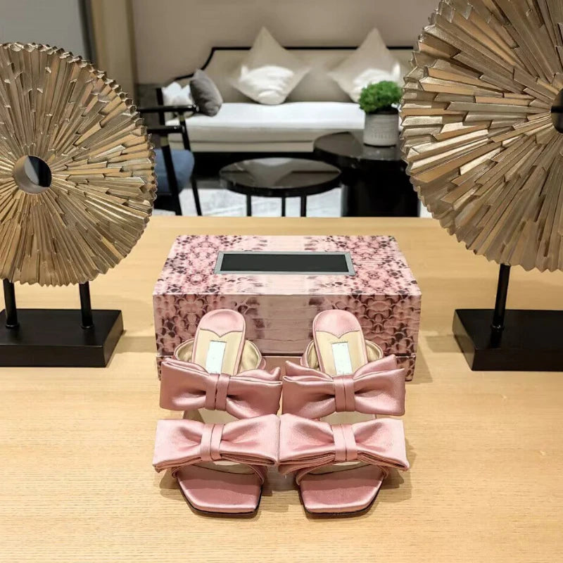 Velvet Bow High Heeled Sandals Women's Open Toe Pre-spring 2024 Fashion New Square Toe Temperament Stiletto Heels