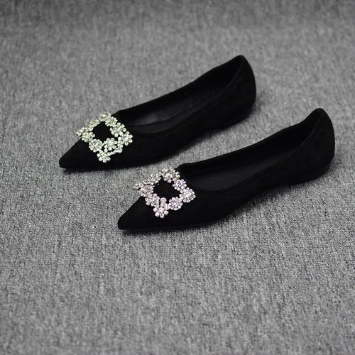 2023 Spring and Autumn New Fashion Shallow Mouth Rhinestone Square Buckle Pointed Versatile Women's Flat Bottom Casual Shoes