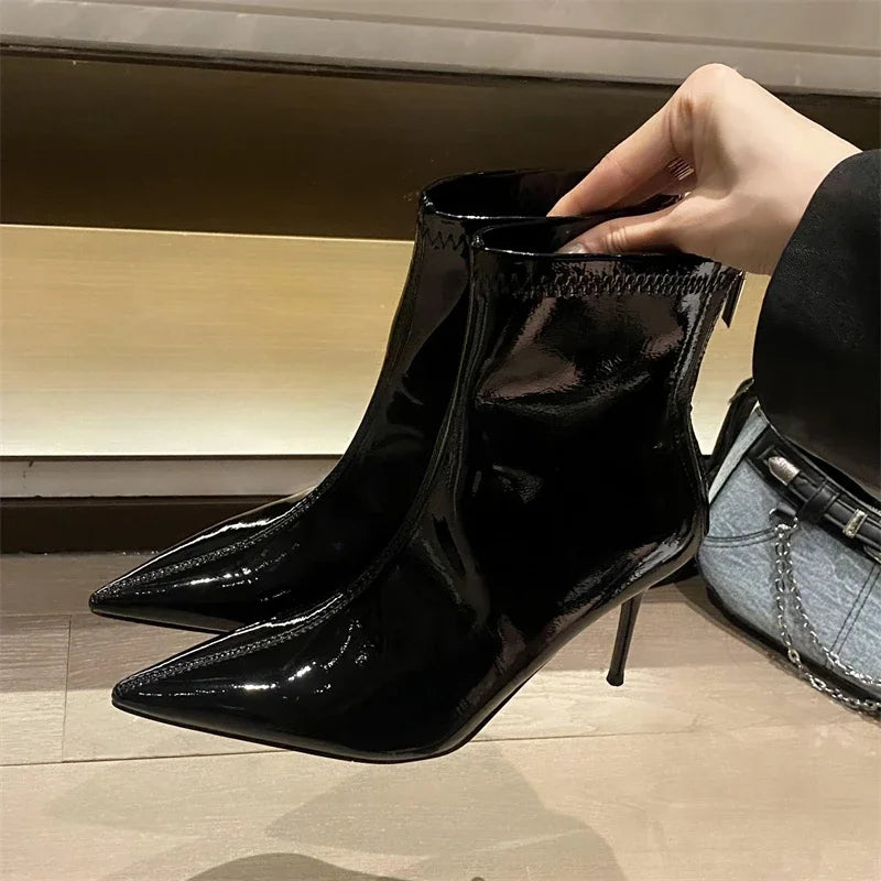 Eilyken Street Style Thin High Heels Ankle Boots Women Patent Leather Autumn Winter Zipper Shoes Sexy Banquet Prom Pumps