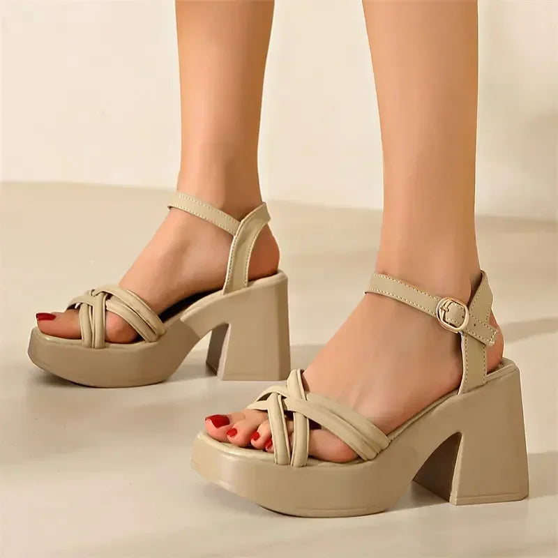 2024 New Fashion Summer Open Round Toe Bottom Buckle Shallow Mouth Casual Thick High Heel Large Women's Sandals 35-42