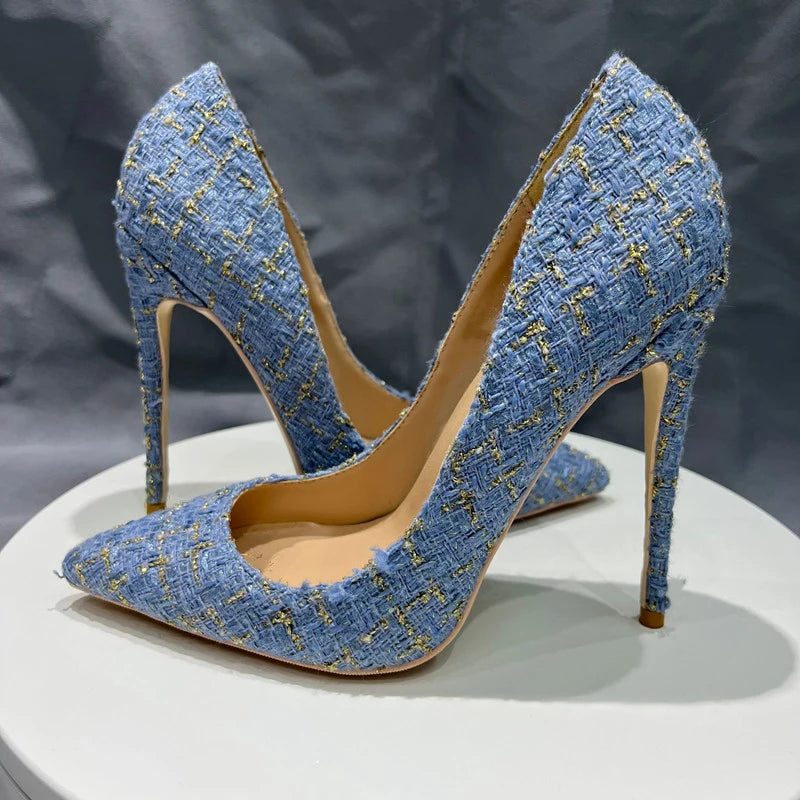 Tikicup Plus Size Blue Plaid Pattern Women Pointy Toe High Heel Shoes Elegant Ladies Chic Stiletto Pumps Customize 8cm 10cm 12cm
