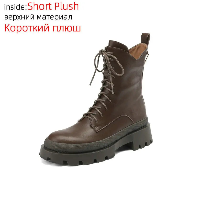 QUTAA 2024 Motorcycle Women Ankle Boots Thick Med Heels Round Toe Office Lady Cross-Tied Genuine Leather Shoes Woman Size 34-39