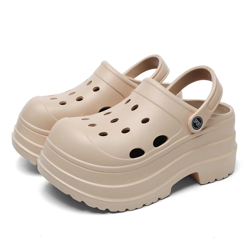 9cm Chunky Platform Clogs Sandals Women 2024 New Beach Hollow Out Sandals Shoes Woman Summer Closed Toe Wedge Heels Slippers