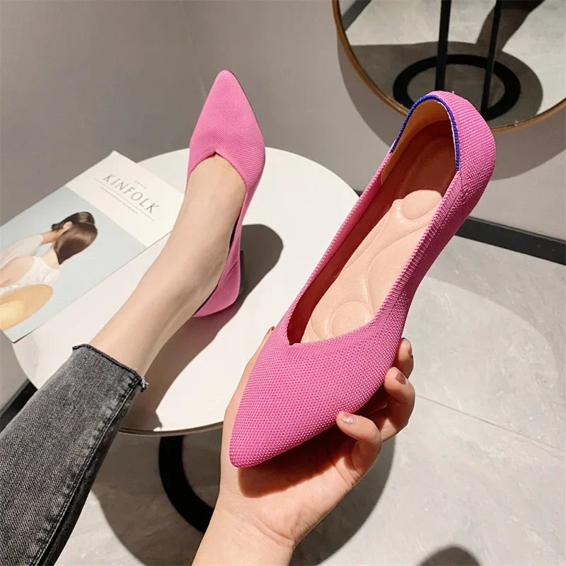 2024 New Women Shoes Fashion Knit Pointed Toe Shallow Ballet Flats Breathable Moccasin Mesh Slip on Cozy Soft Bottom Work Shoes
