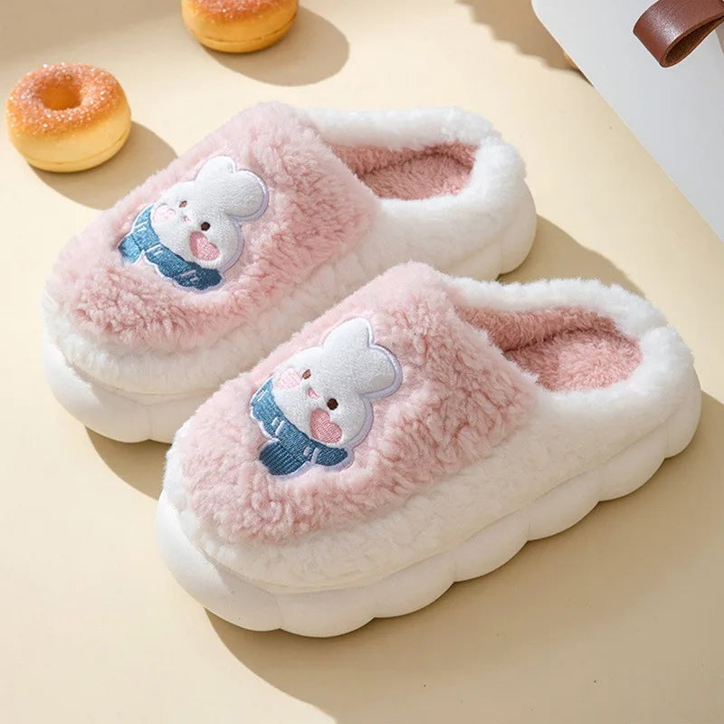 Cute Cartoon Cat Slippers Fluffy Home Thick Platform Slippers Women Men Winter Warm Plush Slides Indoor Lovely Cotton Shoes