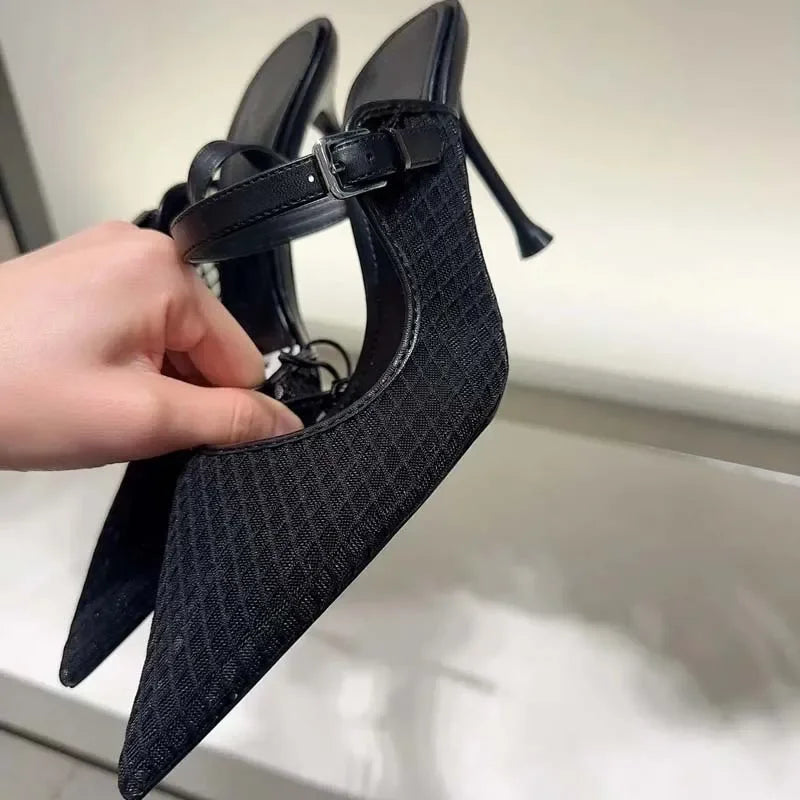 High Heels Mules Shoes for Laides Sexy Pointed Toe 2025 Summer Stilettos Black Hollow Breathable Mesh Vintage Women's Sandals