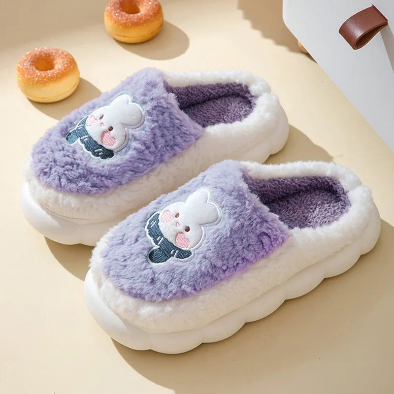 Cute Cartoon Cat Slippers Fluffy Home Thick Platform Slippers Women Men Winter Warm Plush Slides Indoor Lovely Cotton Shoes