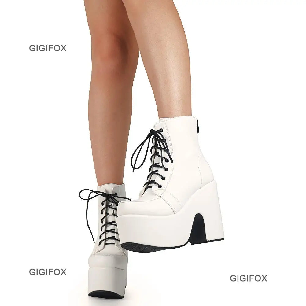 GIGIFOX Platform Ankle Boots For Women Lace Up Fashion Combat Goth Gothic Punk Style Boots 2024 Winter Short Boots Shoes Brand