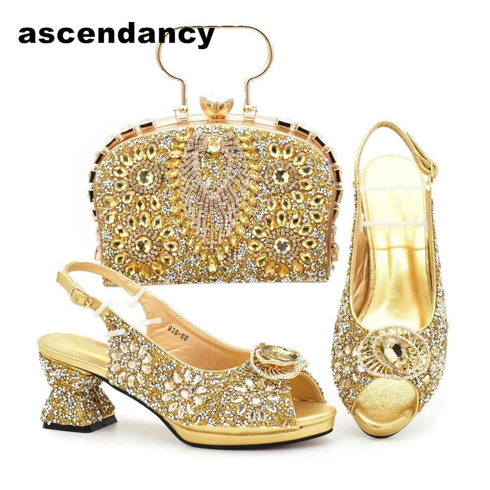 Italian Shoes and Bags Matching Set with Rhinestone Nigerian Women Shoes and Bag Set with Appliques Full Crystal for Dress
