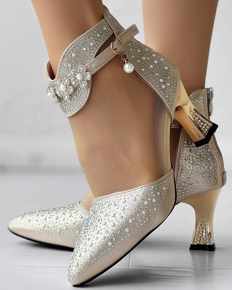 Boots Women's Beaded Rhinestone Mesh Patchwork Pyramid Heel Ankle Mesh Sandals Versatile Heel Flower Shoes Mesh Breathable Pumps