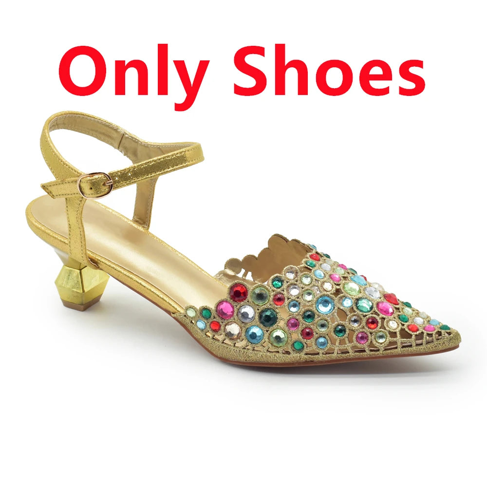 Italian Shoes and Bags Matching Set 2024 Rhinestones African Peep Toe Women High Heel Evening Party Pumps Wedding Shoes Bride