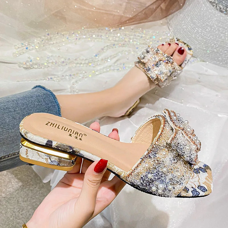 Pearl Slippers Female Summer Wear Out Coarse Heel Color Everything Fashion Rhinestone Sandals Large Size Women's Shoes 41