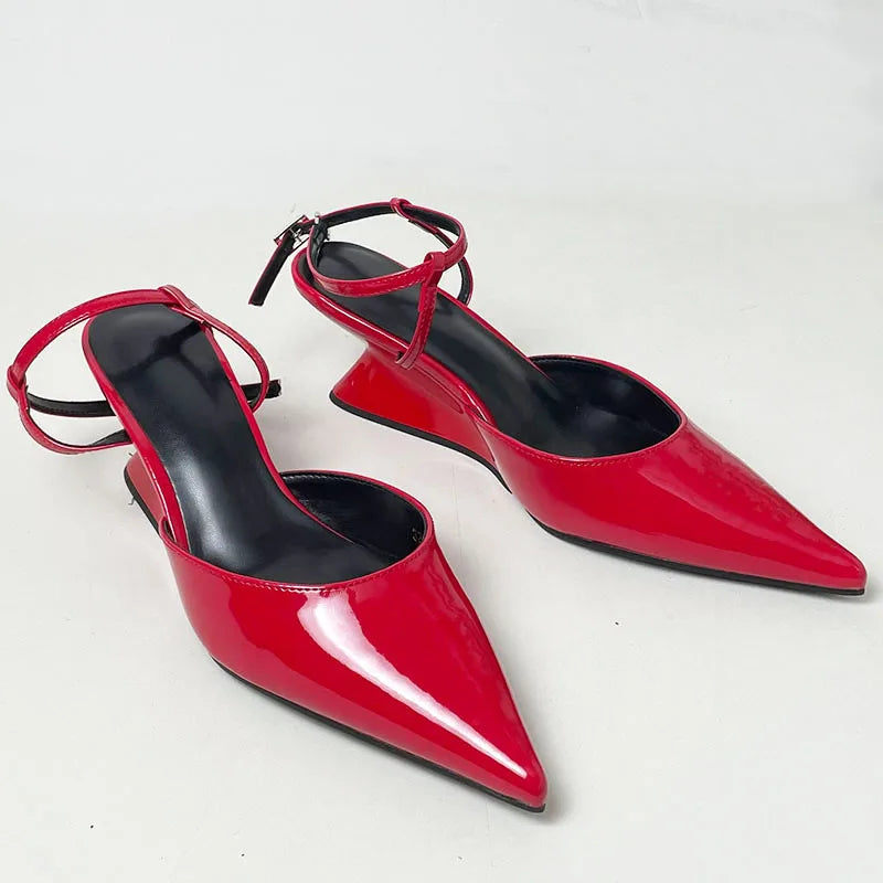 Female Footwear New In Wedges Heels Sandals Shoes For Women Ankle Buckle Strap Fashion Pointed Toe Ladies Medium Heels Shoes