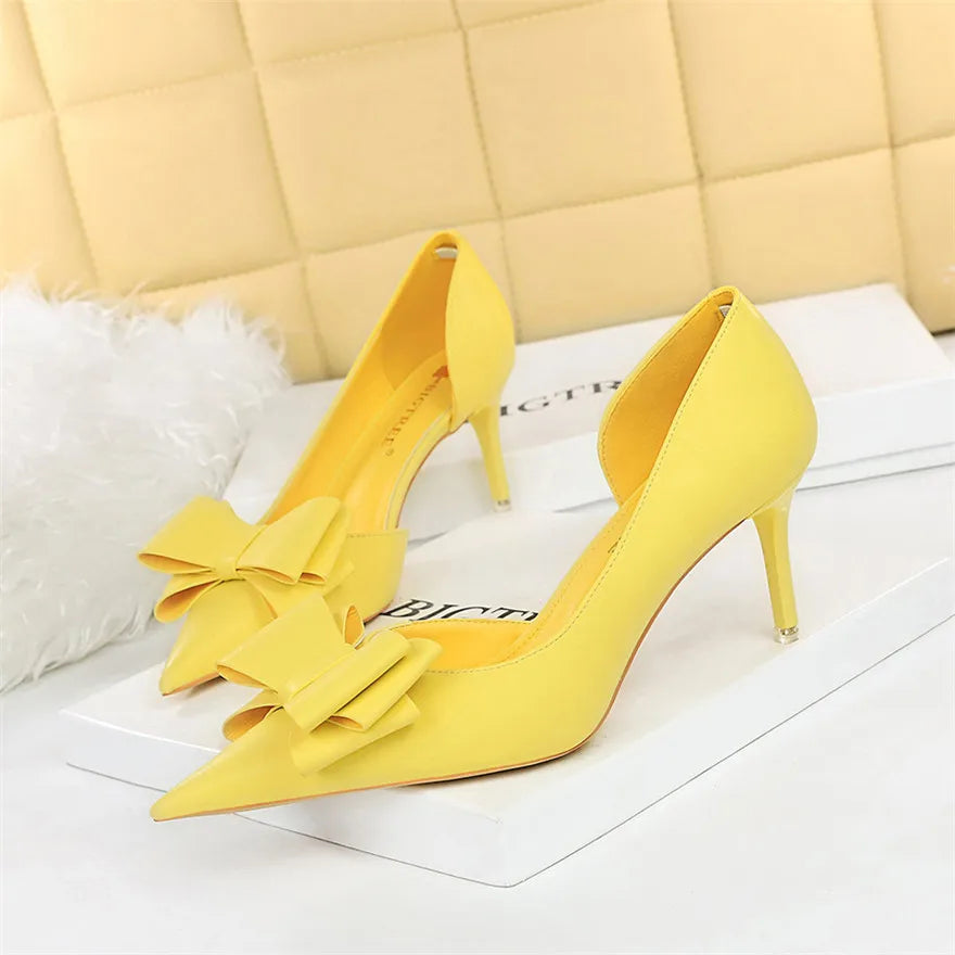 Side Hollow Soft Leather Women Pumps 7 Color Fashion Bowtie Pointed Toe High Heels Ladies Dress Wedding Shoes Woman Work Shallow