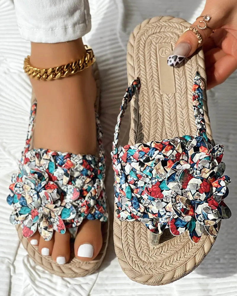 Slippers Women Ombre Floral Pattern Braided Casual Shoes Vacation Flat Holographic Braided Floral Pattern Toe Beach Flip Flops