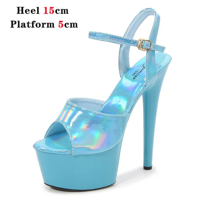 Women Sexy Show Sandals 15 17 20CM High Heels Sexy Platform Laser Color Sandals Girls Shoe for Party Club Striptease Shoes