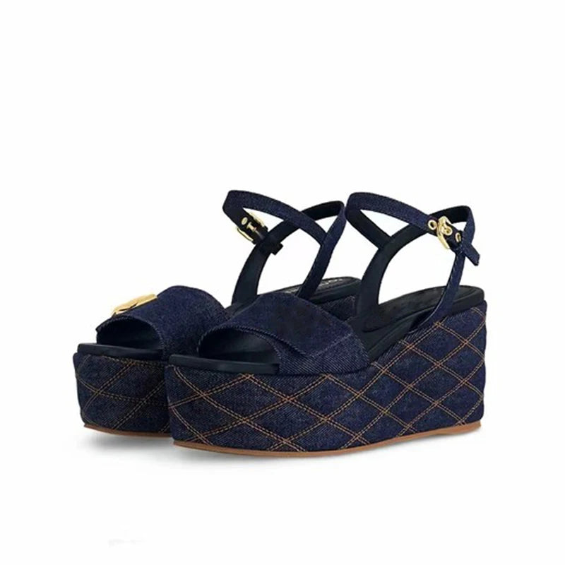 Summer Metal Ornaments Thick Platform Shoes Women's Outdoor High Wedge Heels Modern Dark Denim Sandals