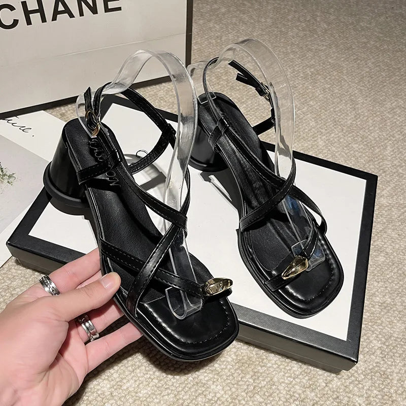 2024 New French Chunky Heel Set Toe Sandals, Niche Design High-grade Large-size Temperament Pinch Toe Casual Sandals