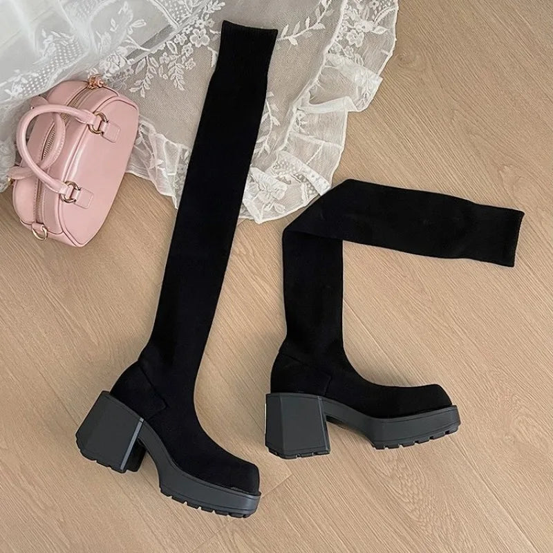 Size 35-40 Winter Women's Over The Knee Sock Boots Stretch Knitted Thick Heels Long Boots Woman Slip On Platform Shoes