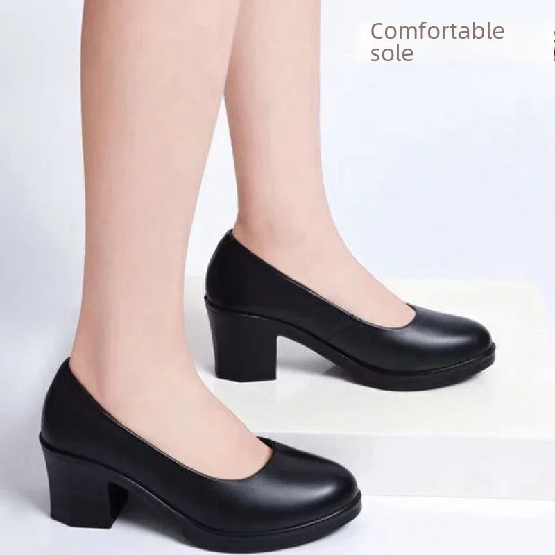 Women's Four Seasons Flat Shoes Thick Heel Round Middle Low Top Black Leather Work Shoes Comfortable For Commuting