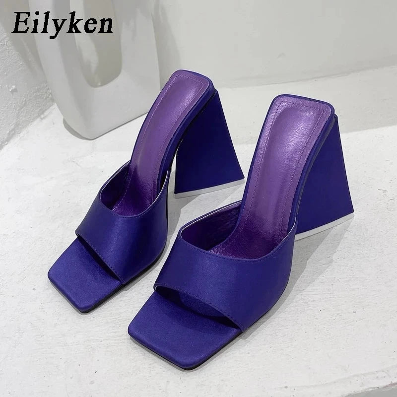 Eilyken 2025 New Arrival Silk Triangle Square Heels Heel Woman Slippers Sexy Street Party Square Toe Dress Slides Summer Shoes