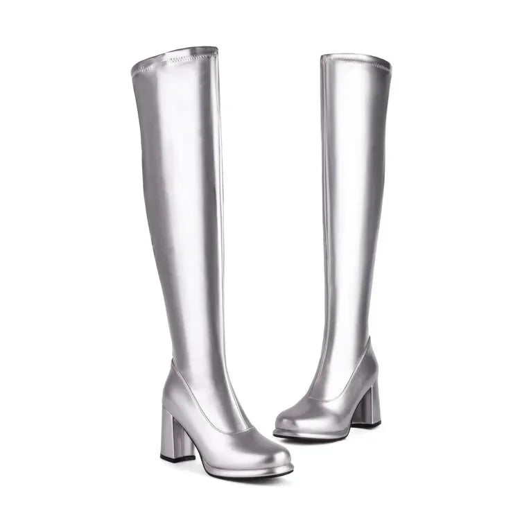 Ochanmeb Size 32-48 Women Golden Thigh High Boots Full Zipper Thick High-heeled Round Toe Silver Overknees Boots Red White Shoes