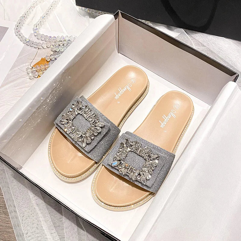 2023 rhinestone crystal buckle slippers women brand design crystal double flip flops female platform slides sandals big size 43